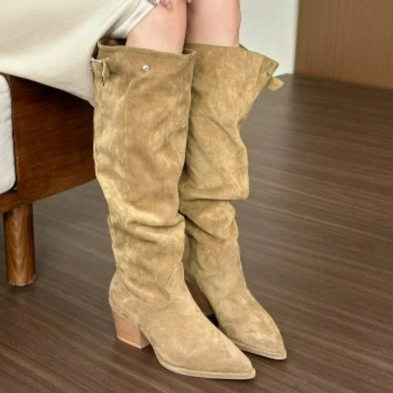 Ladies Shoes 2024 Fashion Sleeve Women's Boots Winter Keep Warm Pointed Toe Suede Solid High Tube Chunky Heels Female Boots