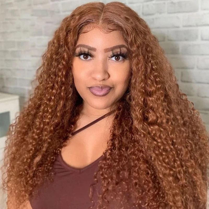 Ginger Brown Curly Synthetic 13X4Lace Front Wigs Heat Resistant Transparent 180 Density Wigs For Women for Daily Party Use