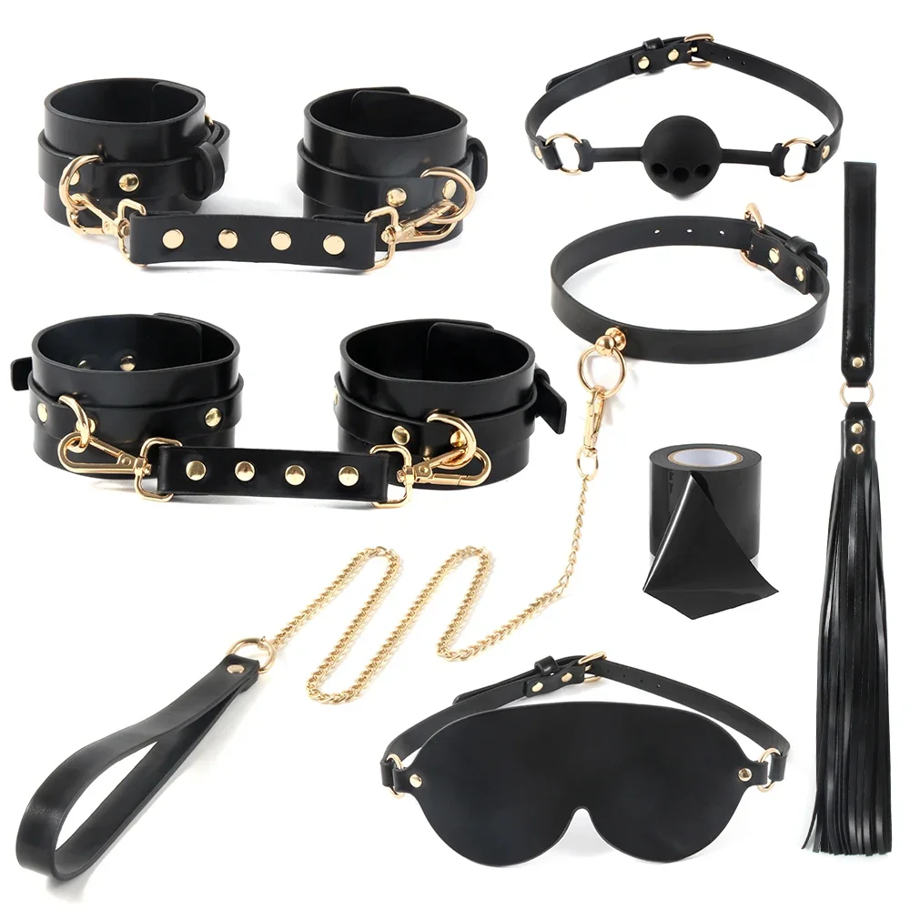 PU Leather Women Bondage Kit Restraints Handcuff SM Collar Mouth Ball Gag Flogger Bondage Tape Sex Toys for Couples Sex Products