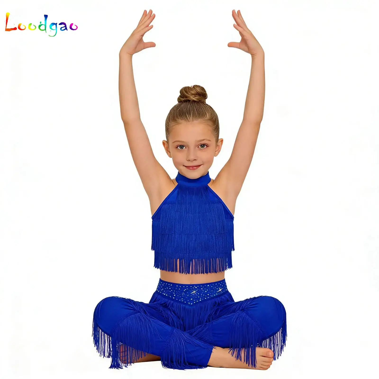 

Kids Girls Latin Dance Crop Tops with Fringe Pants Tiered Tassels Jazz Tango Rumba Ballroom Practice Performance Costume Set
