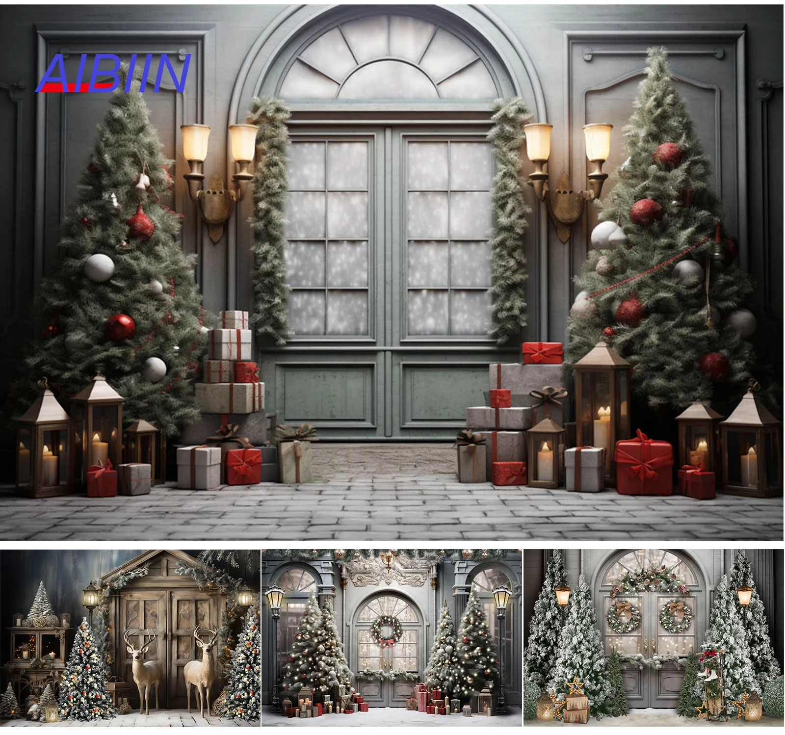 

Merry Christmas Outdoor Photography Background Snow Door Garland Santa Gift Xmas Tree Kids Portrait Party Decoration Backdrop