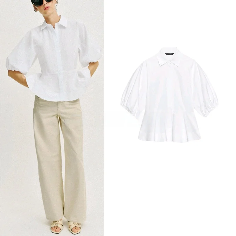 

Summer New Women's Shirt Collar Bubble Sleeve Short Dress Waist Inward Nine Points A-Line Skirt Polyester Fiber Skin-friendly...