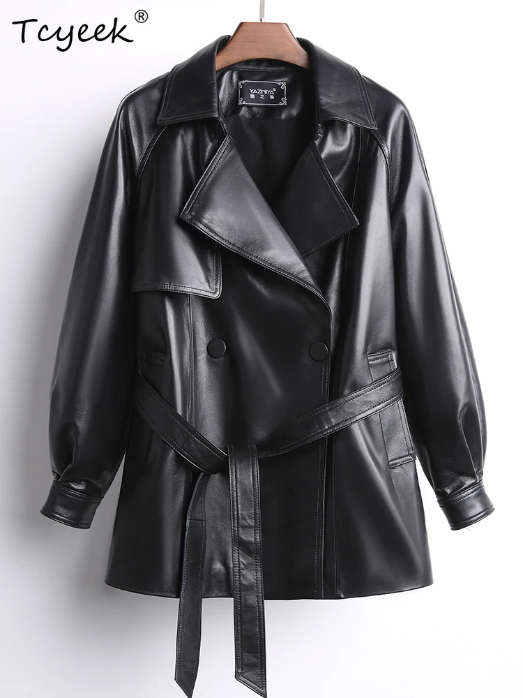 Tcyeek Schaffell Damen Lederjacke Frühling Herbst Anzugkragen mit Raglanärmeln Schwarz Mittellange Jacken Chaqueta Cuero