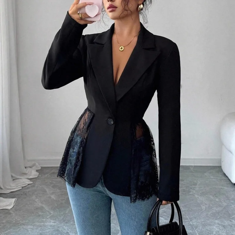 Elegant Lace Blazer Coat Women Fashion Office Lady Full Sleeve Single Breasted Jackets New Autumn Casual Perspective Slim Coats