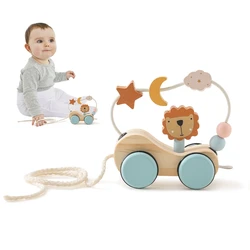 Wooden Baby Dragging Stars Moon Surround Car Beech Baby Toys Car Montessori Toys Hand Coordination Toy Handmade Decoration Gifts