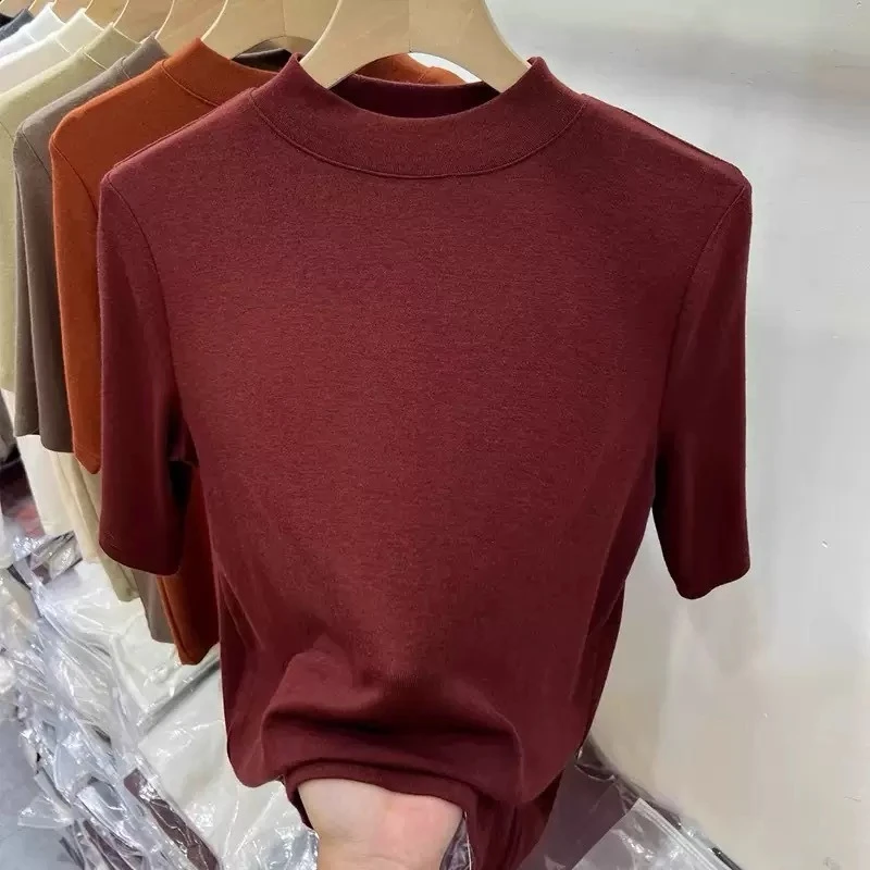

Autumn Small Stand-up Collar Bottoming Shirt Semi-turtleneck Solid Color Short-sleeved Non-pilling Simple and Versatile