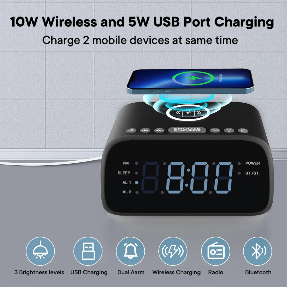 Caja De Som De escritorio, Altavoz Bluetooth con despertador Digital, Radio FM, caja De sonido para despertar en Hotel, luz LED De carga inalámbrica De 15W