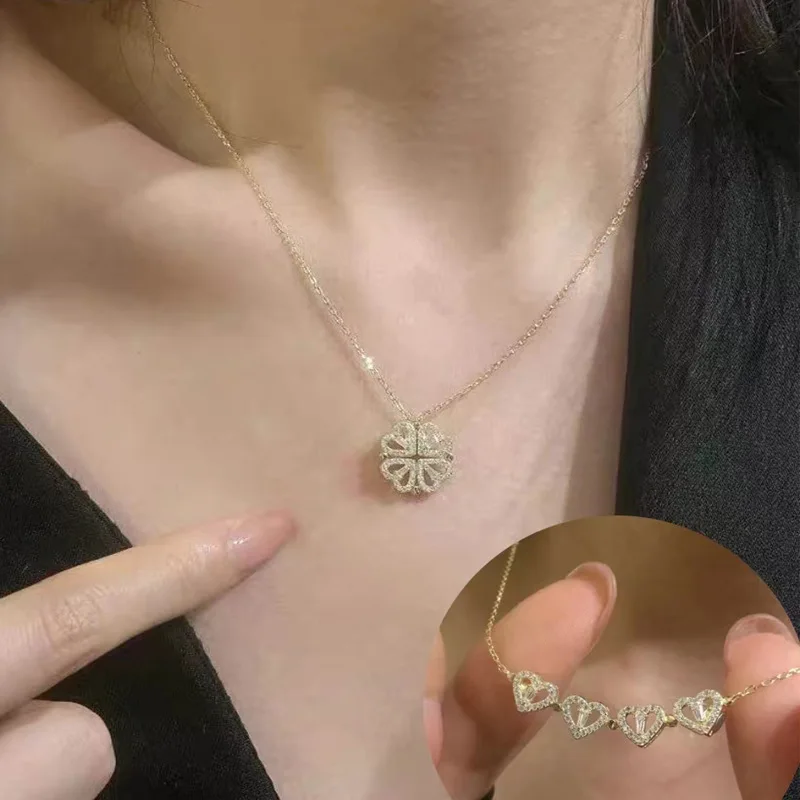 Romantic Shinning Clover Zircon Necklace For Women Girl Sweet Lucky Magnetic Heart Pendant Necklace For Ladies Wedding Party Gif
