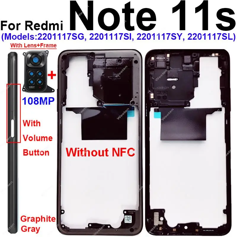 For Xiaomi Redmi Note 11S 4G Middle Frame Housing Middle Cover Case Bezel with/without Camera Lens Frame NFC Parts