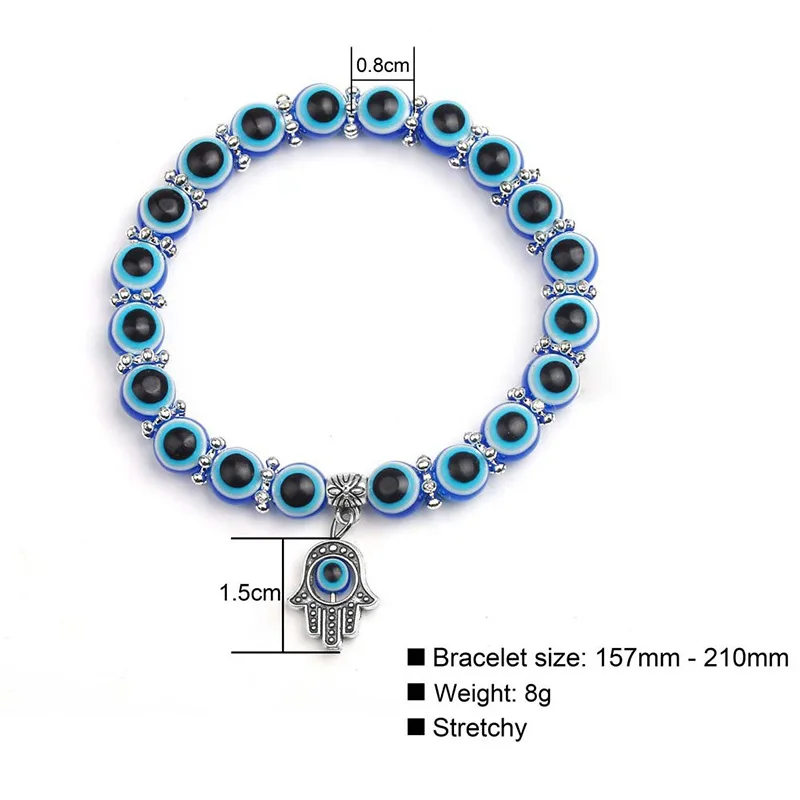 Blue Evil Eye Bracelet Hand of Fatima Greek Turkish Thousand Eyes Handmade Palm Pendant Resins Bead Jewelry Women Elastic Bangle