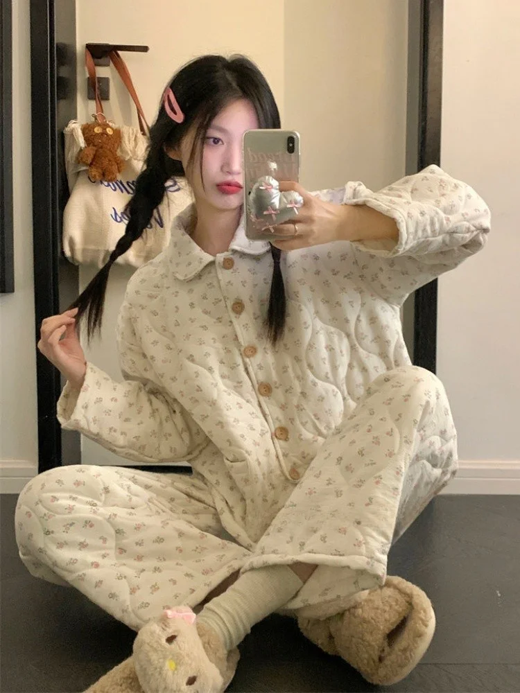 Thickened Cotton Sleepwear Women's Long Sleeve Long Pants Home Clothes Set Sweet Floral Print Warm Home Fashion Winter Pyjamas