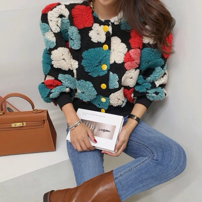 

Sweet Retro Lamb Fur Color Blo Design ort Coat Korean Sle Medium Softn All Season Women's Outerwear Campus Street Sle