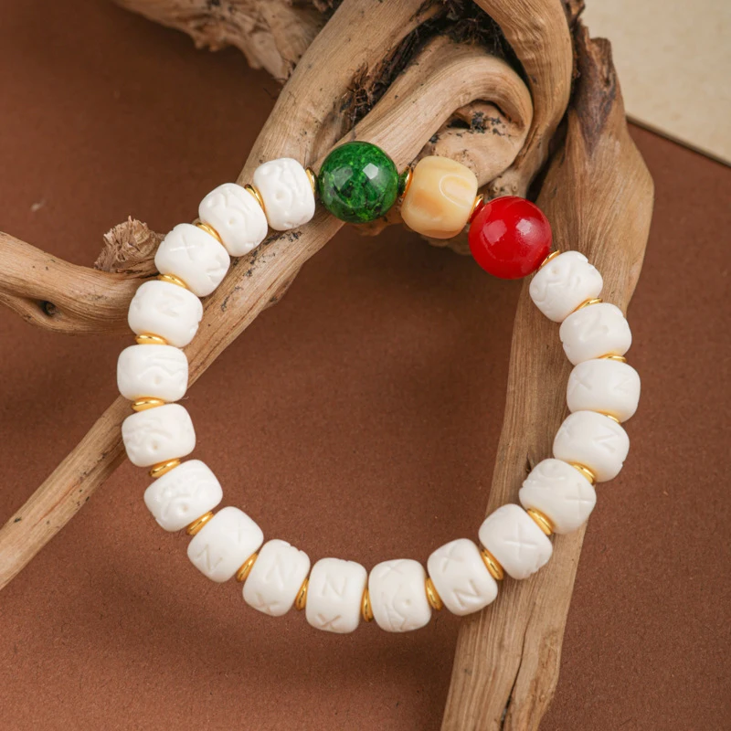 Single-loop Tibetan-style deer bone with imitation ox horn and passion seed , Buddhist beads, unisex bracelet acce