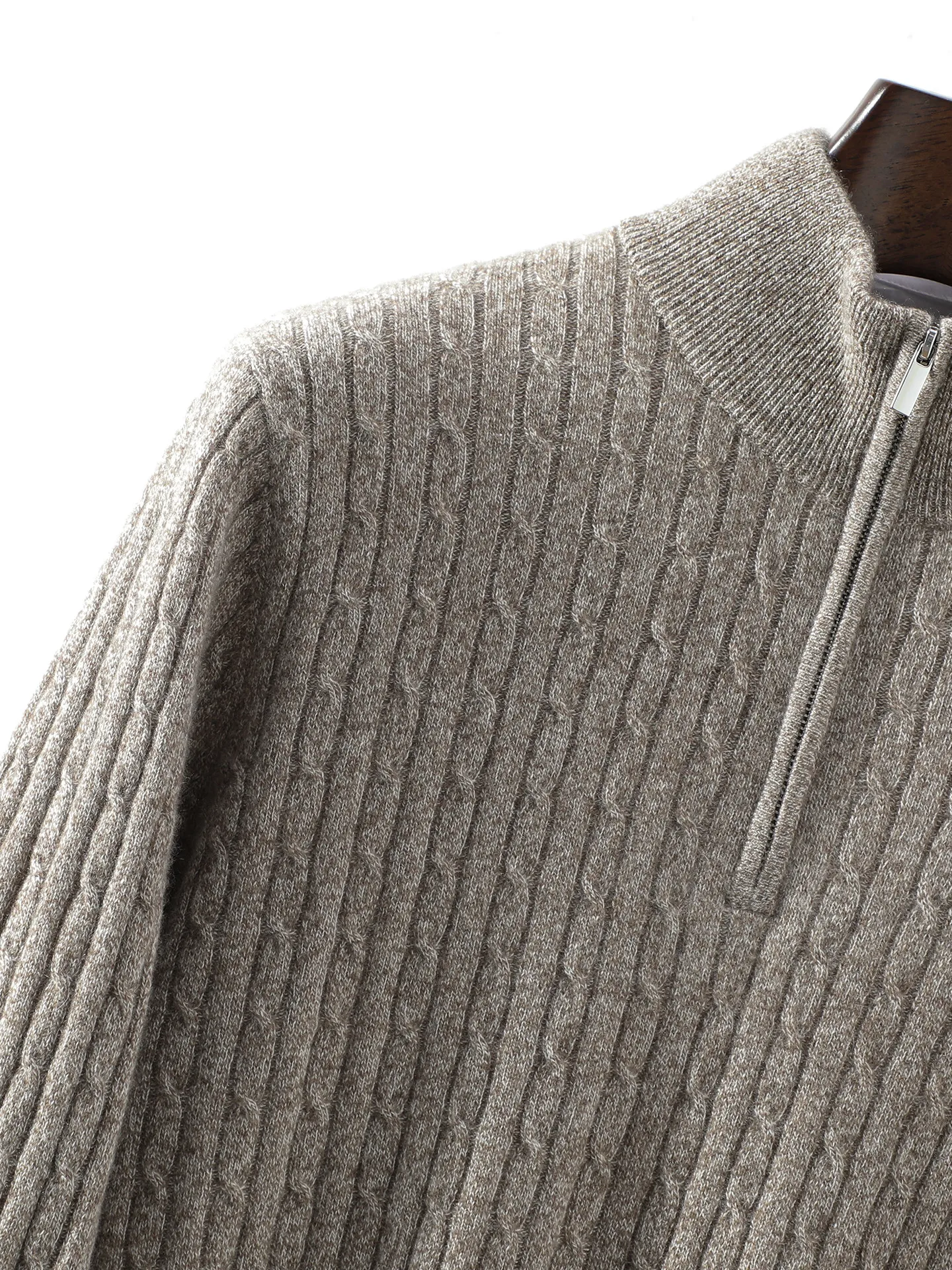 Men's 100% Cashmere Pullover Sweater Autumn Winter Mock Neck Half-Zip Cable Knit Sweater Soild Basic Long Sleeve Tops High-end