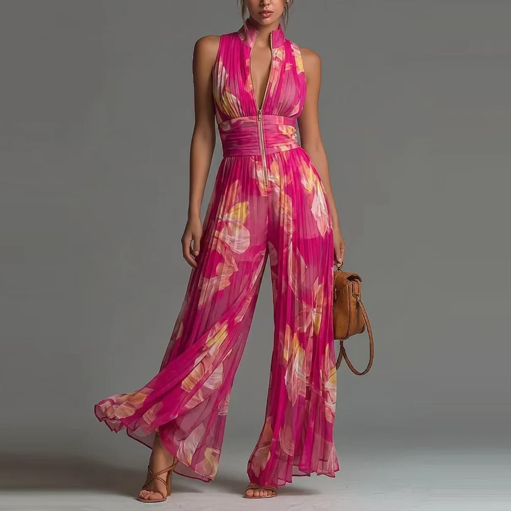 

Spring Stand Collar Zipper Pleated Jumpsuit Women Elegant High Waist Wide Leg Long Pants Romper Summer Sleeveless Loose Overalls
