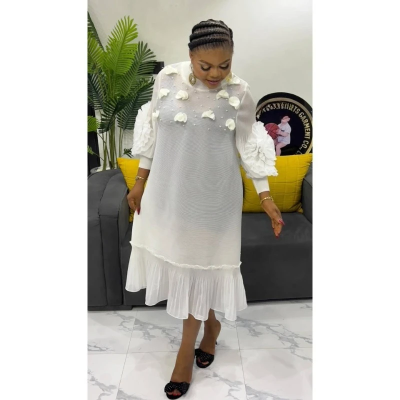 Abito plissettato Miyake da donna africana Fiore stereo Allentato di grandi dimensioni Temperamento elastico Abito lungo Medio Oriente Senza rughe