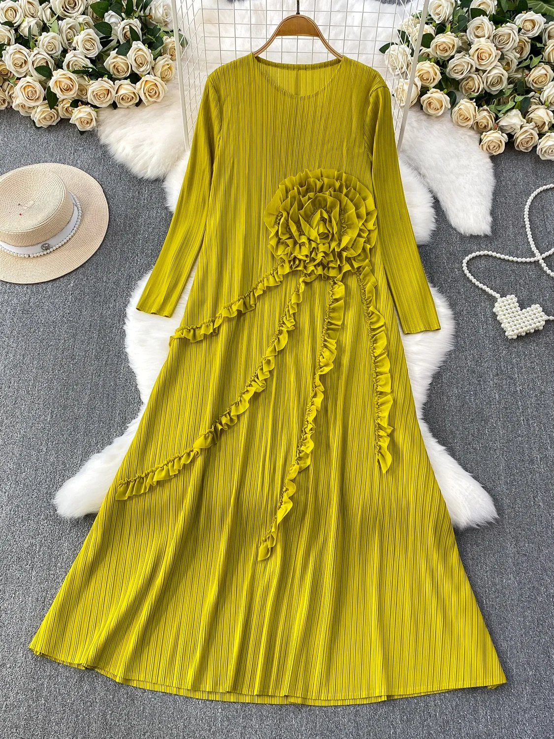 Ele Casual round Ne Maxi Skirt Dr Women Autumn Winter Heavy Embellied Pleated Dr Ci Commute Par Dr