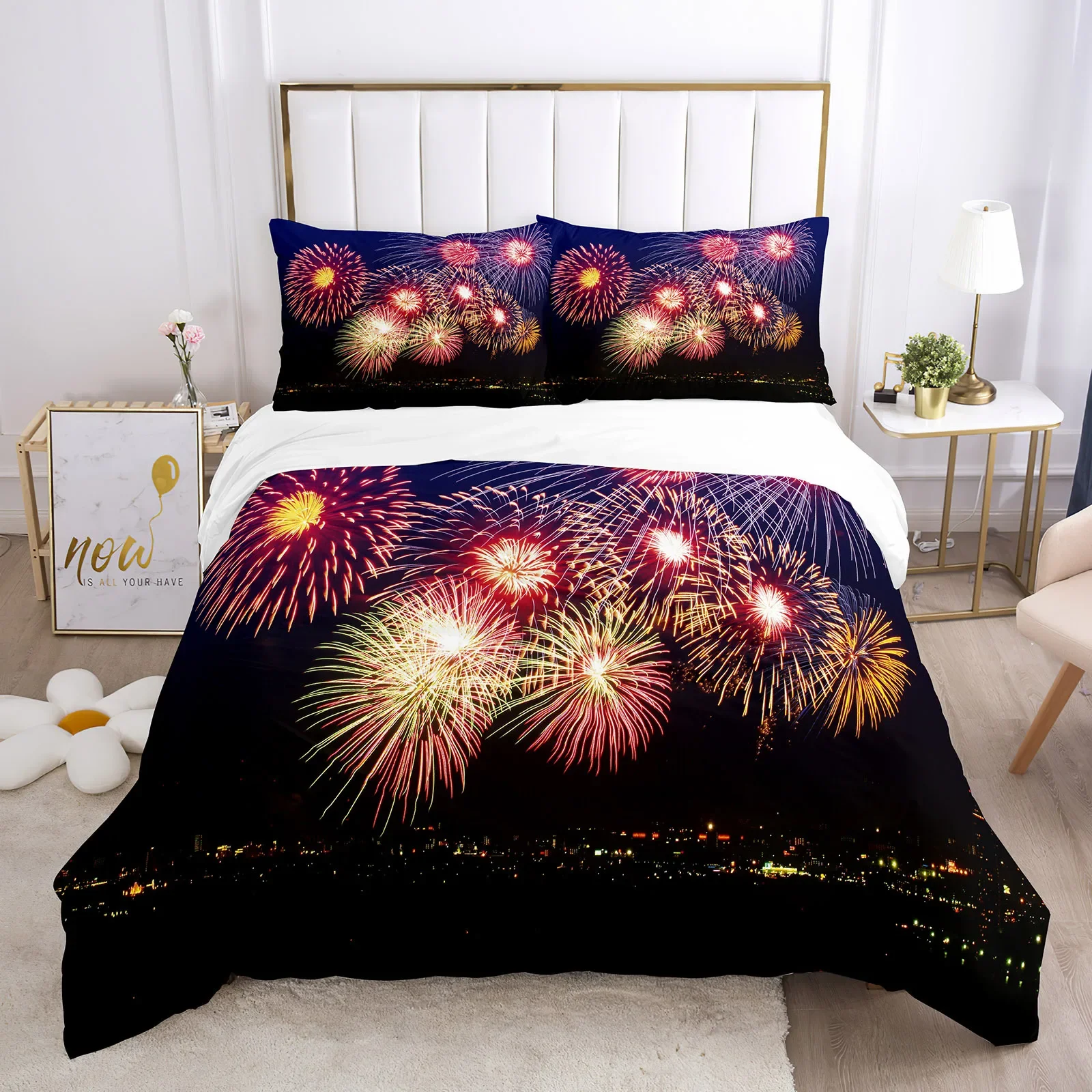 Colourful Fires Bedding Set Washed Cotton Firework Duvet Cover Queen Size Celebrate Merry Christmas Theme Soft Comforter Cover