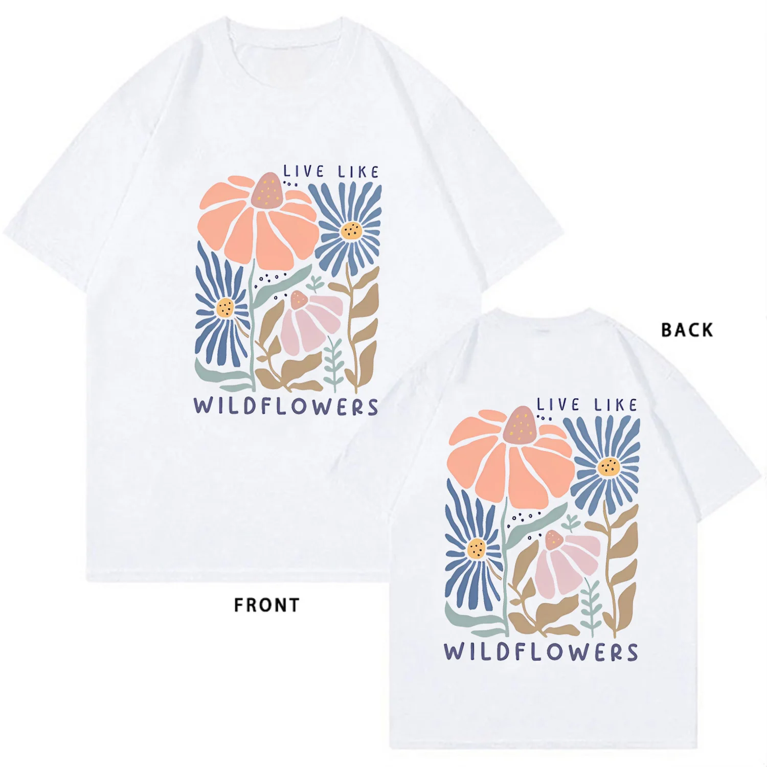 Camiseta com estampa floral estilo boêmio, camisa com estampa de flores silvestres, camisa de manga curta, 100% algodão, blusa feminina estampada nas costas, gótica