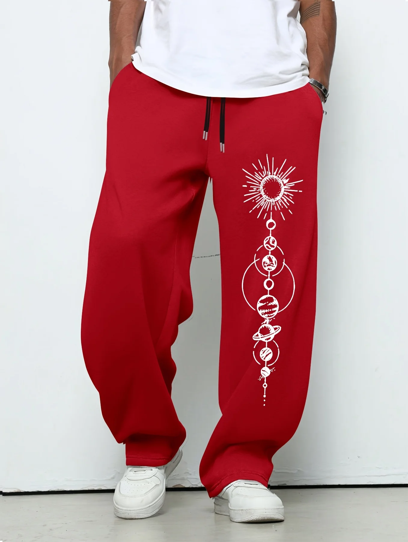 Men American Street Straight Leg Sweatpants Solar System Themed Print Drawstring Loose Comfort Versatile Daily Sports S-3XL