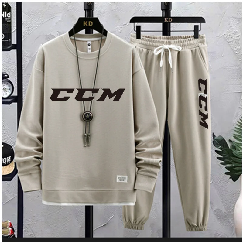 2023 Spring and autumn CCM Men\'s Two Piece Set Linen Fabric Casual T-Shirt and Mens Sports Suit Fashion Long sleeve Tracksuit