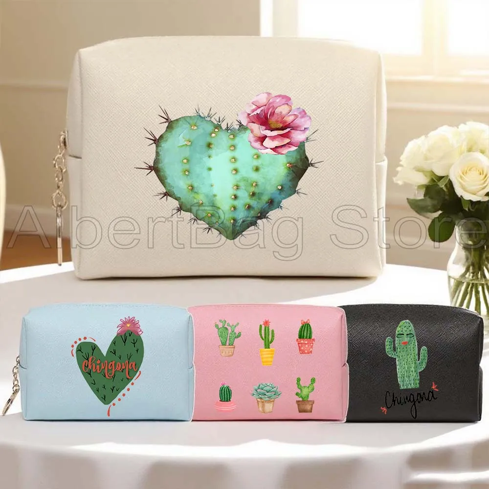 

Heart Cactus Flower Plants Botanical Art Romantic Gifts PU Leather Travel Cosmetic Bag Women Makeup Case Waterproof Storage Bag