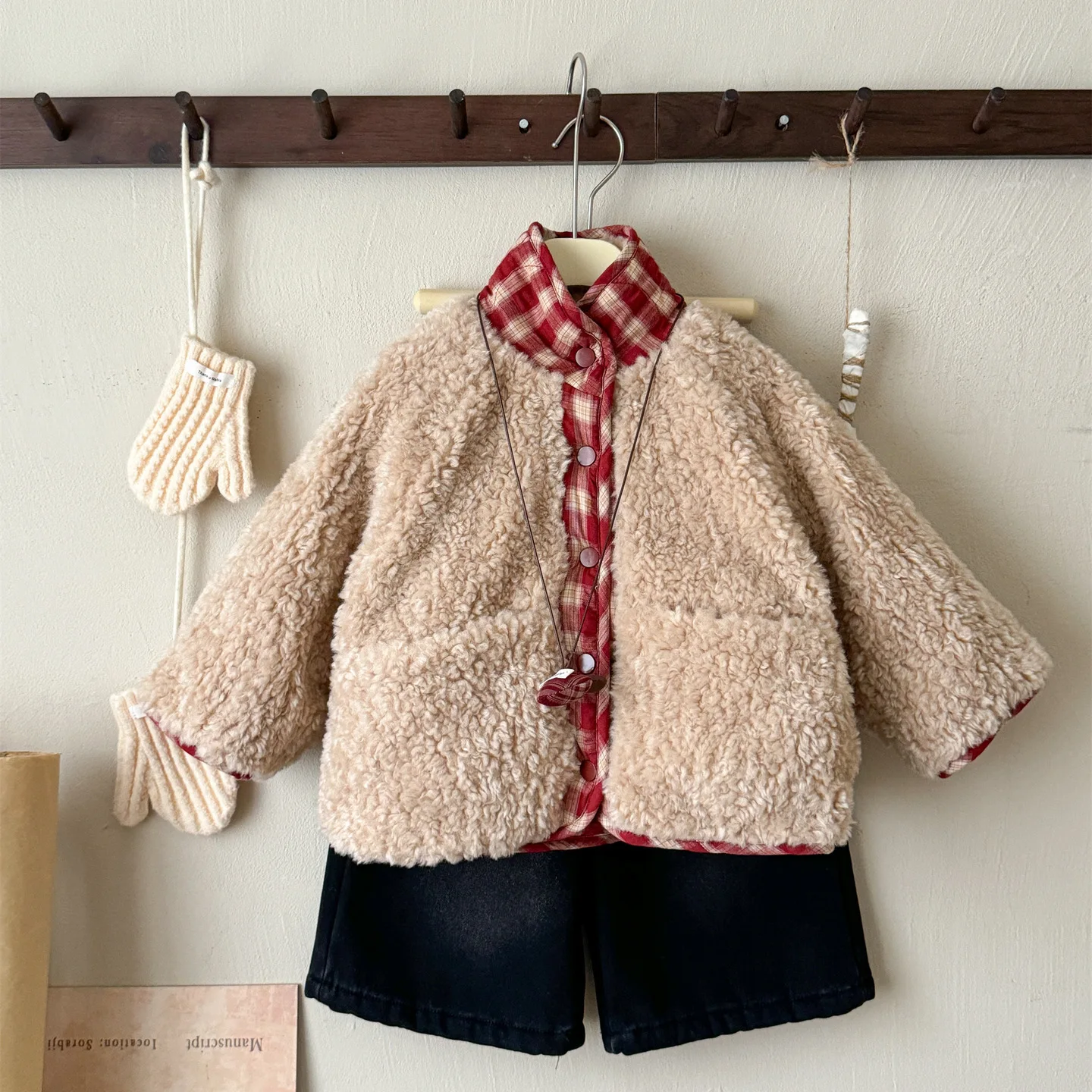 Girls Outerwear 2025 Winter New Korean Style Double-sided Cotton Jacket Plaid Sweet and Cute Daily Fashionable and Warm