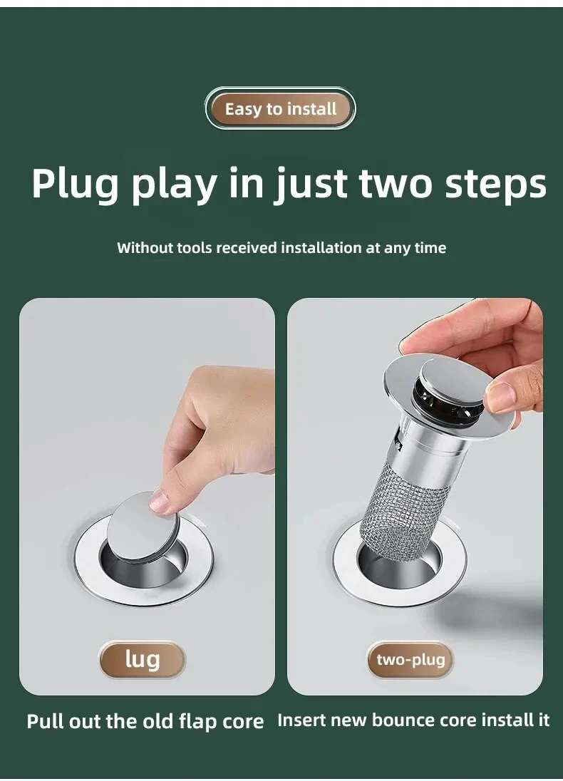 2PCS Washbasin Leak Plug, Stainless Steel Odor Proof Bouncing Core, Press Type Sink Drain, Universal Accessory for Washbasin
