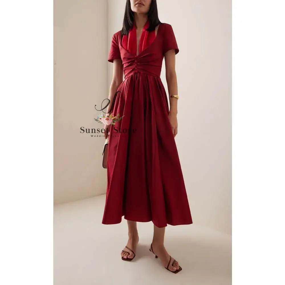 

Customized Burgundy Tea-Length Taffeta Evening Dress Halter Prom Dress 2025 Short Sleeves A-Line Party Dress