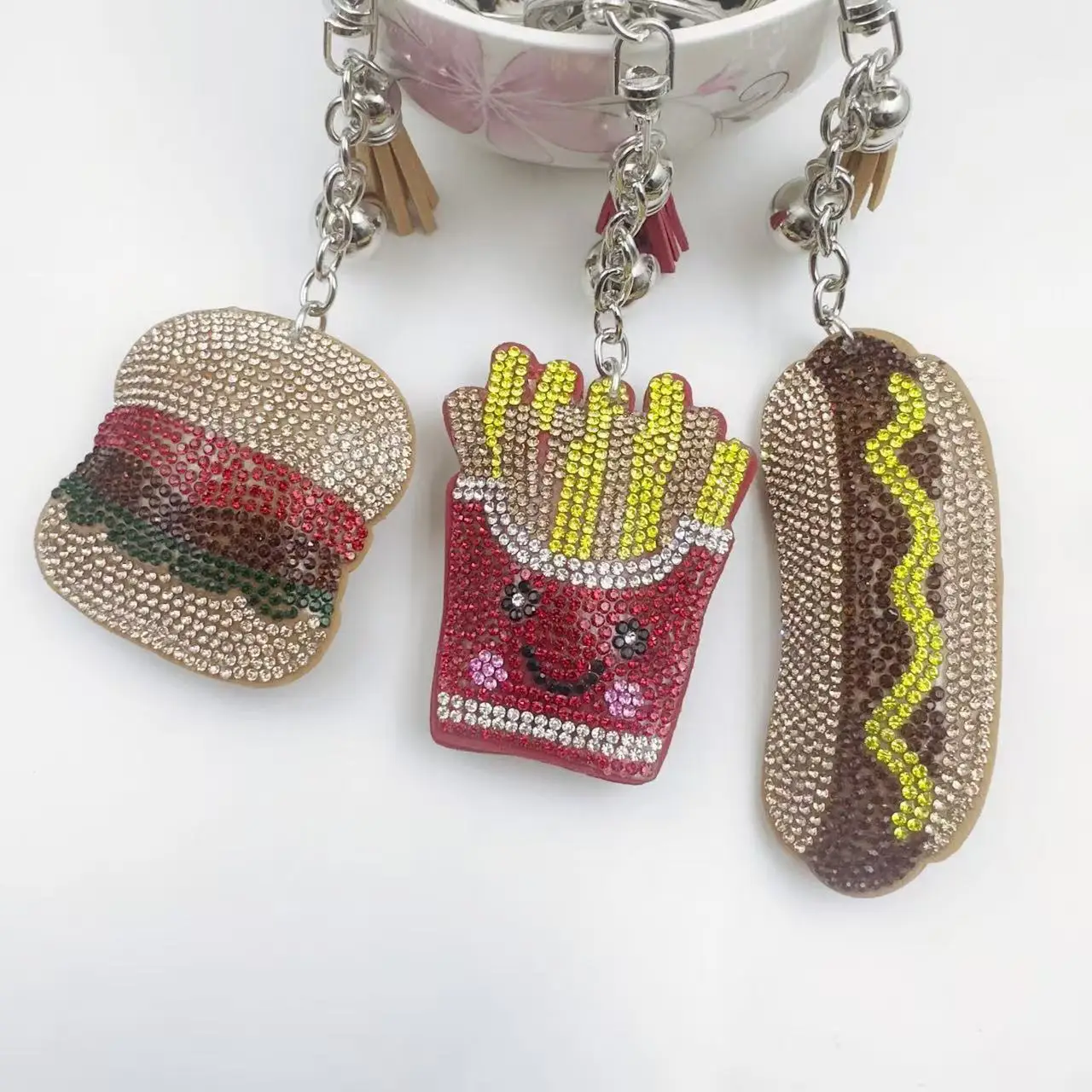 Rhinestone Keychain Bling Food Charm Sparkly Bag Accessory Cute Fast Food Pendant Gift For Women Girls Y2K Style