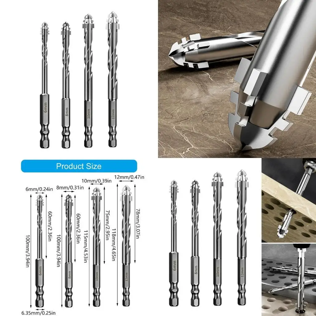 

964E Four Flute Tooth Eccentric Drill Bit Set 4Pcs for Precisions in Glass Tile