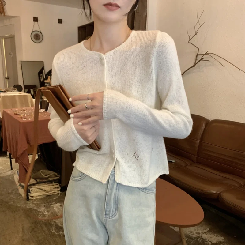 Autumn Winter Fashion Solid Round Neck Long Sleeve Sweaters Women's Clothing Sweet Hollow Buttons Knitting Sunscreen Cardigan