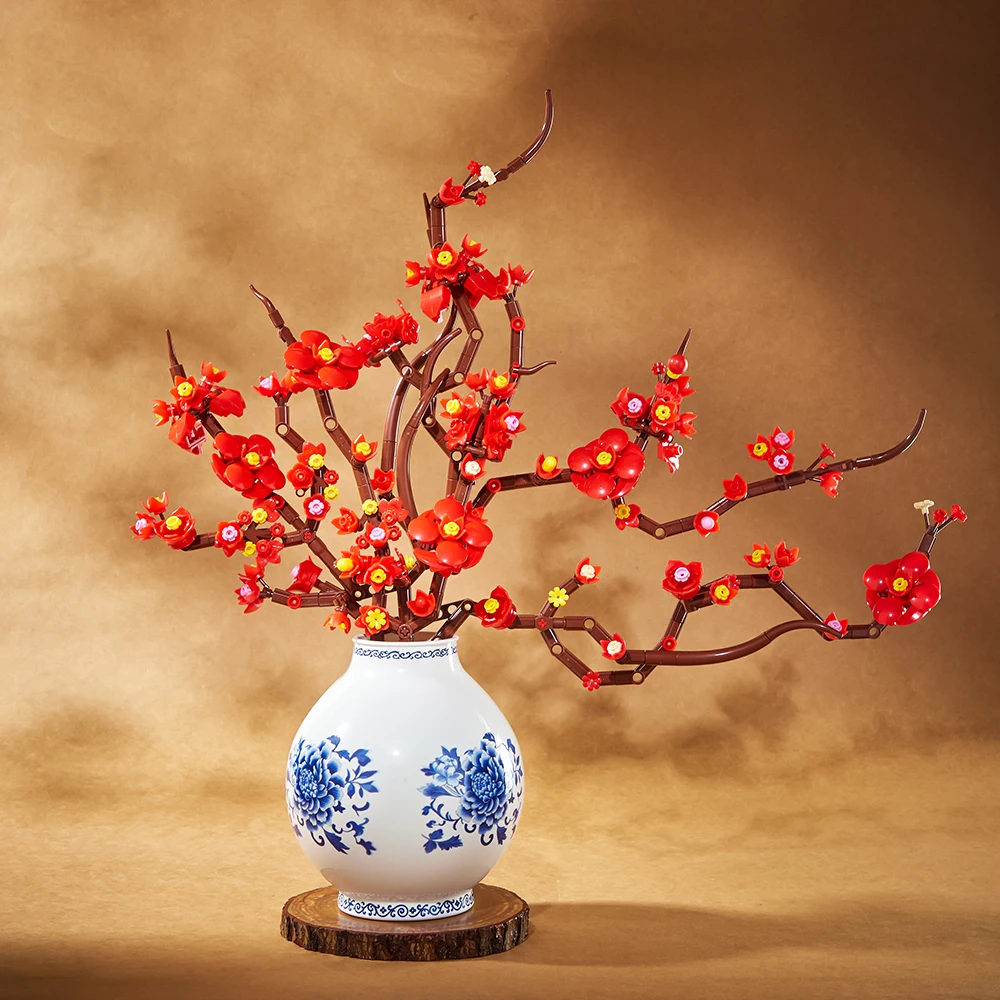 1181 pezzi fiore di pruno e vaso di fiori di agrifoglio decorazioni per la casa ornamento creativo blocchi di costruzione modello di fiore regalo di assemblaggio per ragazze