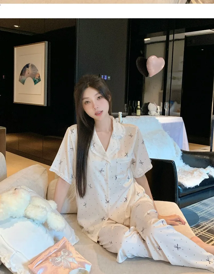 2025 New Short Sleeve Ice Silk Pajamas for Women Summer Bow Lace Casual Cool Comfortable Wearable Homewear Three-Piece Set