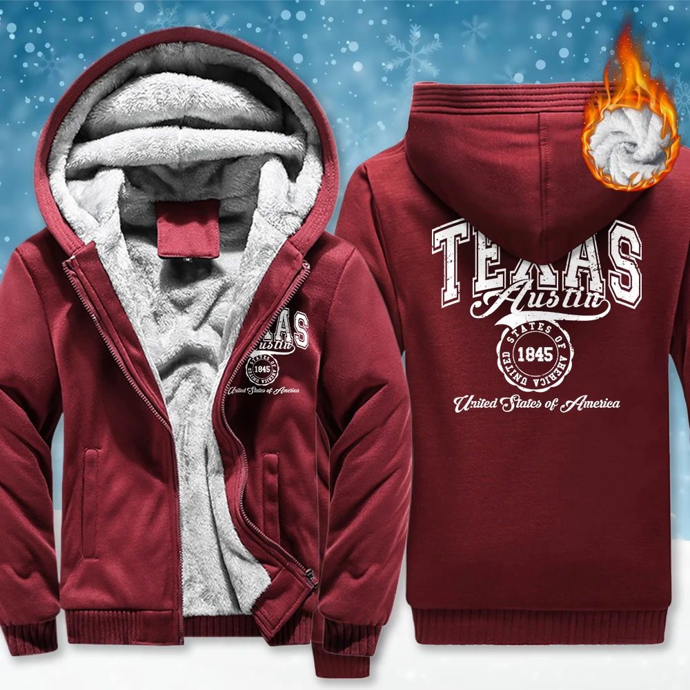 

Texas Usa 1845 Pattern Men Zipper Pocket Coat Fashion Loose Jacket Soft Casual Clothing Winter Thicken Fleece Male Long Sleeve