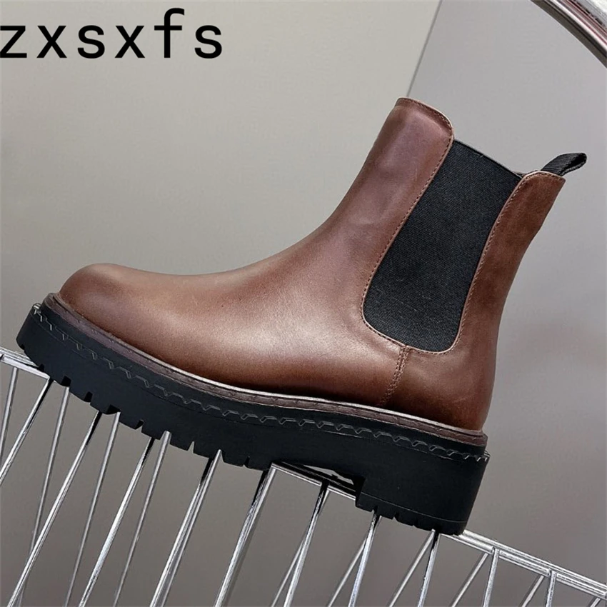 2024 Genuine Leather Flat Platform Ankle Boots For Women Thick Sole Chelsea Boots Slip On Casual Shoes Motorcyle Boots Mujer