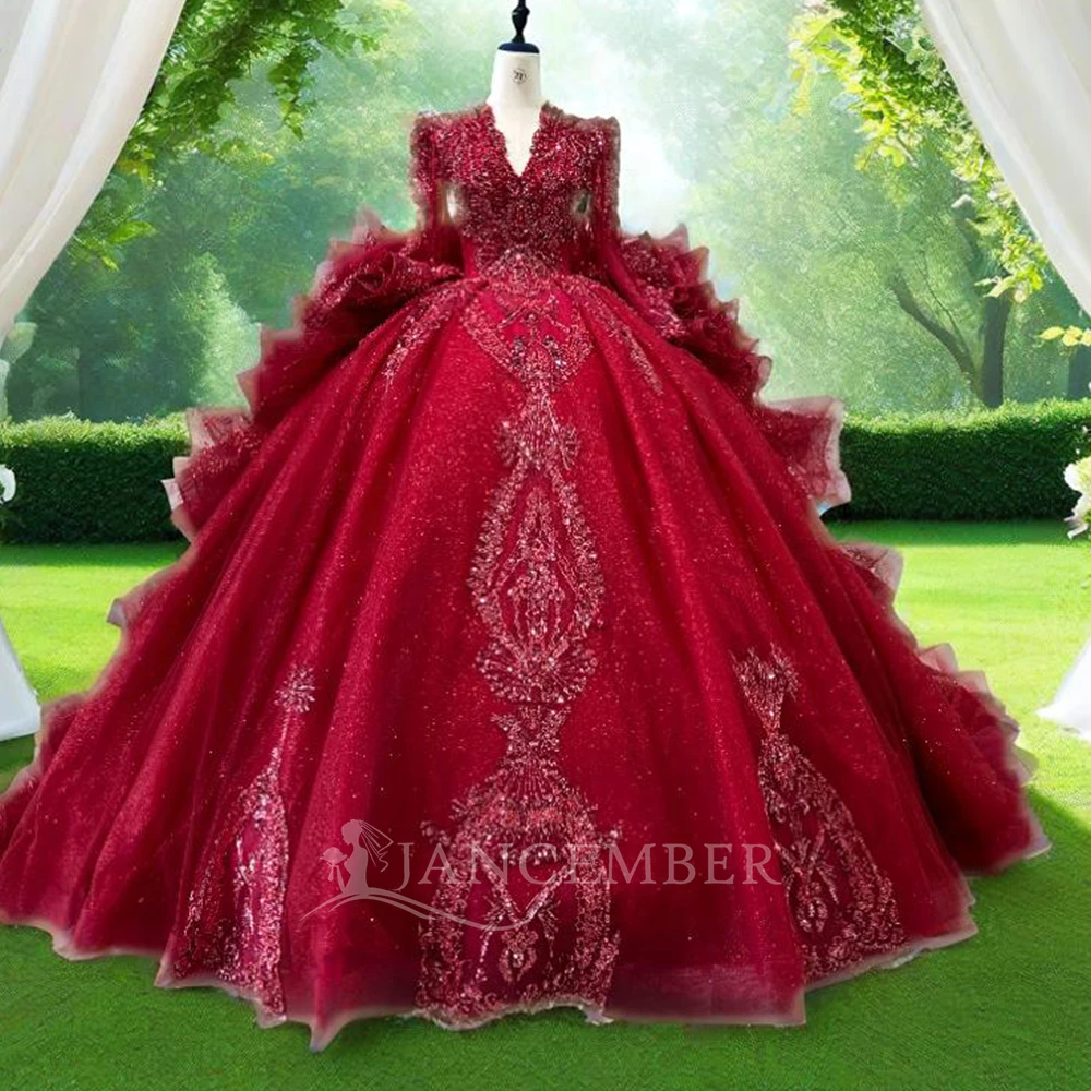 

Red Wedding Dresses For Women 2025 Crystal V-neck Ruffles Beaded Sexy Long Sleeve Backless Wedding Gown Vestidos De Novia XS105