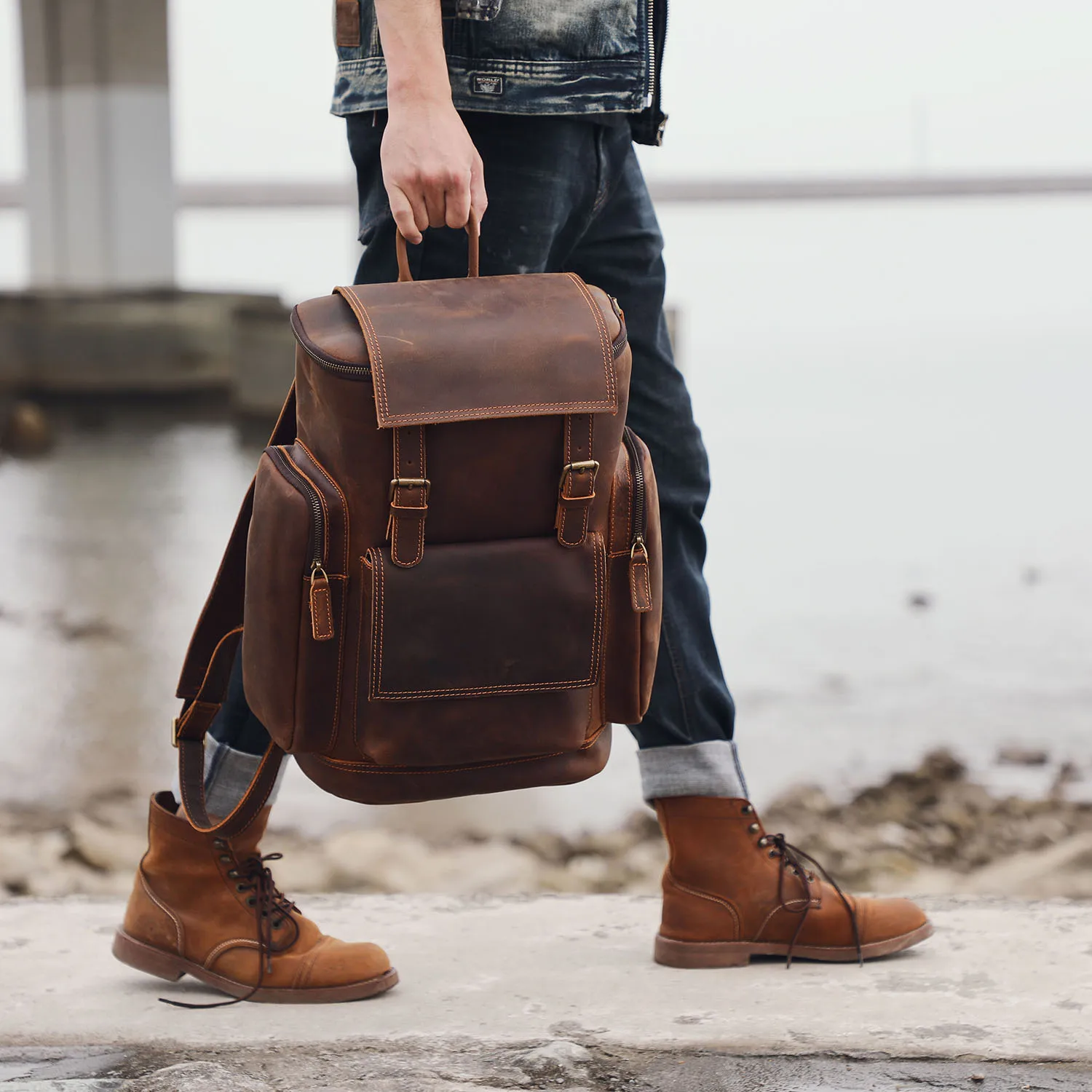 S.WORKER Vintage Echtleder-Rucksack Laptop-Tasche Casual Crazy-Horse-Leder Schultasche Outdoor-Reise-Weekender-Tasche – Detail 5