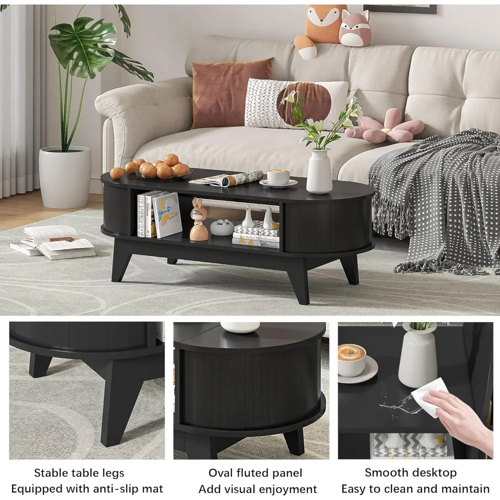 Mesa de centro con 2 almacenamientos ocultos, mesa de centro moderna de mediados de siglo con acabado estriado, mesas centrales de madera mesas de centro ovaladas con