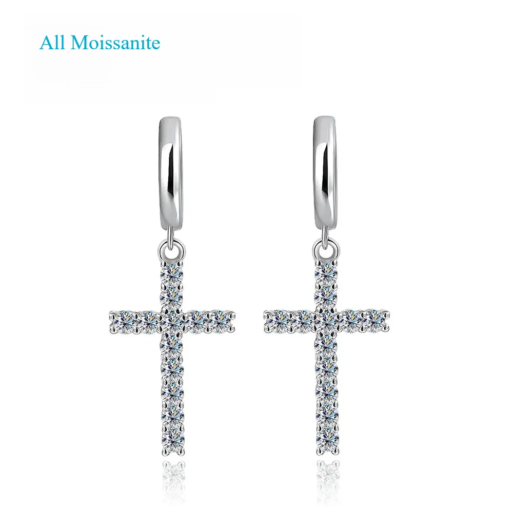 

D VVS1 Cross Moissanite Earrings for Women Man GRA Certified Round Diamond Solid s925 Silver Plated 18k Hoop Earring