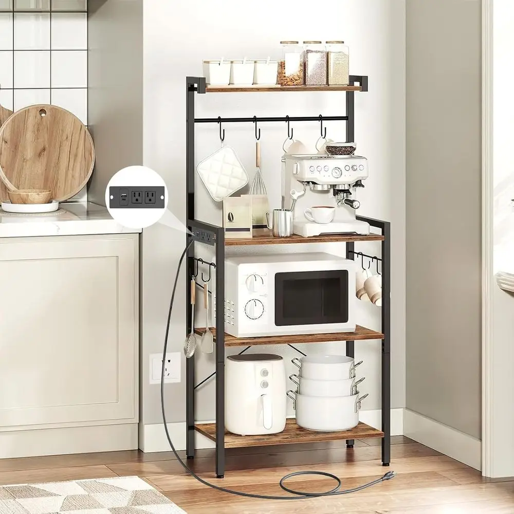 

Bakers Rack with Power Outlet, 4-Tier Heavy Duty Metal Kitchen Shelving Unit, Microwave Stand, Coffee Bar Organizer