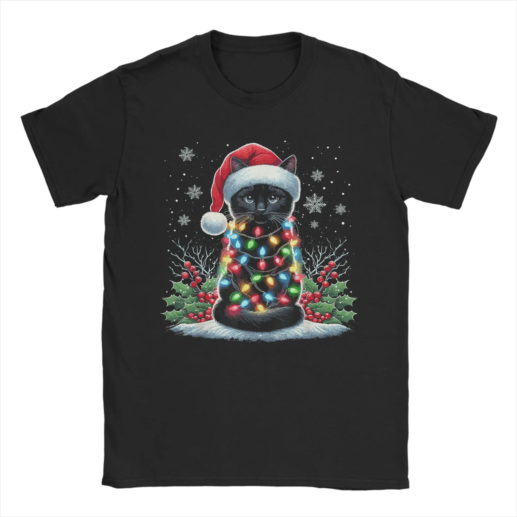 

Black Cat Christmas Santa Hat Funny Meowy Cat T-Shirt Man Streetwear T-Shirts O Neck Tee Shirt Hot Sale Oversized Clothing