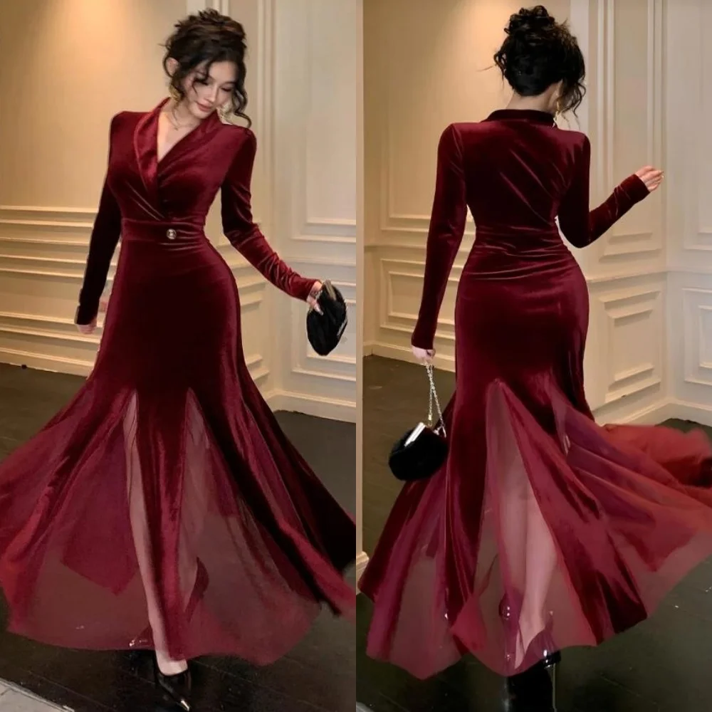 

Customized Exquisite Matching Velour Pleat Button Mermaid V-neck Midi Dresses Bespoke Occasion Dresses Sizes Available Fashion