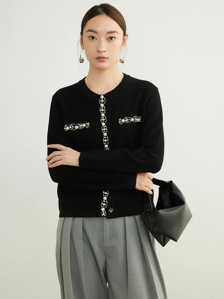 SuyaDream, Cardigans For Woman, 32.4%Wool, Beading Round Collar, Solid Black  Sweaters, 2024 Fall Winter Jackets, White