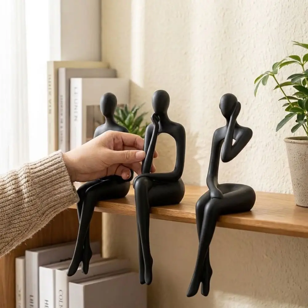 3Pcs Minimalist Abstract Sitting Human Sculpture Set 3D Printed Handmade Thinking Figurine Edge Sitter Decor Plastic Long Leg