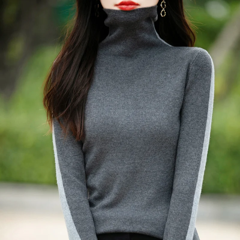 

New Autumn Winter High Neck Knitted Wool Sweater, Slim Fit, Layered Collar Bottom, Double-sided Sweater, Women's Slim fit top