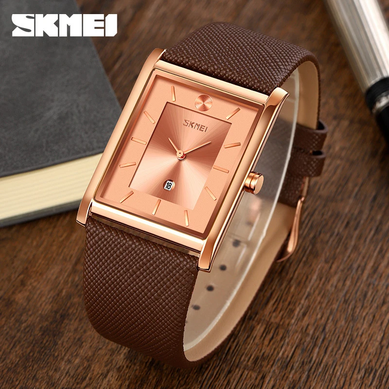 

SKMEI Fashion Simple Men's Watch, Waterproof Business Calendar Quartz Watch for Men, Square Retro Leather Strap Wristwatch