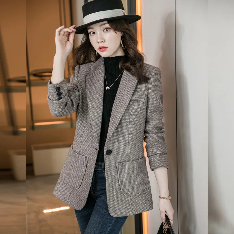 

2024 New Autumn Winter Jacket Women Woolen Blazers Single Button Long Sleeved Pocket Lady Office Suit Female Outerwear Tops 5XL