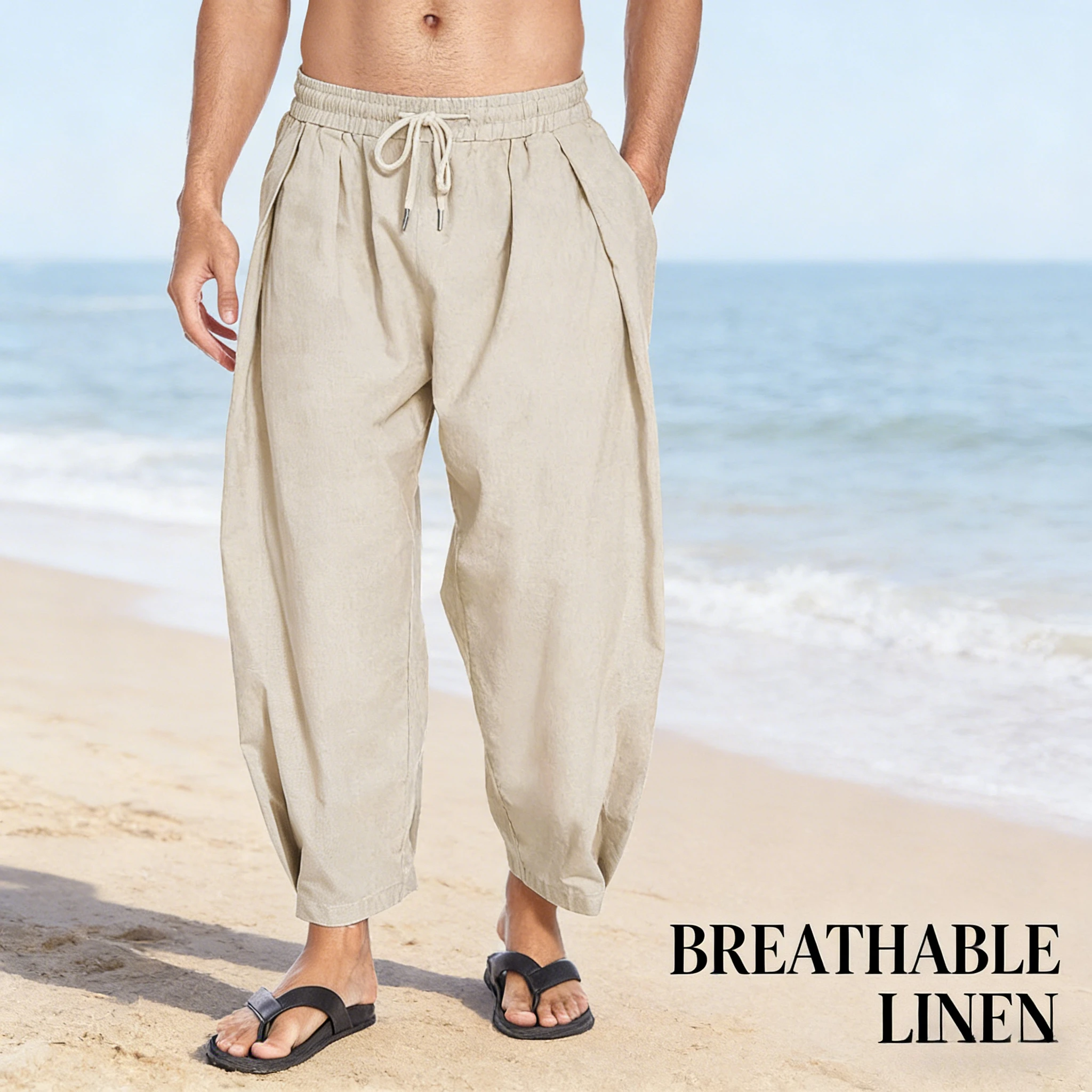 

2026 Men Cotton Linen Harem Pants Drawstring Casual Seven Point Pants Lightweight Loose Beach Yoga Pants With Pockets