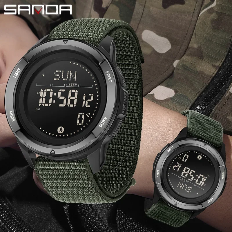 SANDA Men Electroni Watch Metronome Movement Step Counting Military Countdown Compass Outdoor Sport Waterproof LED Digital Watch